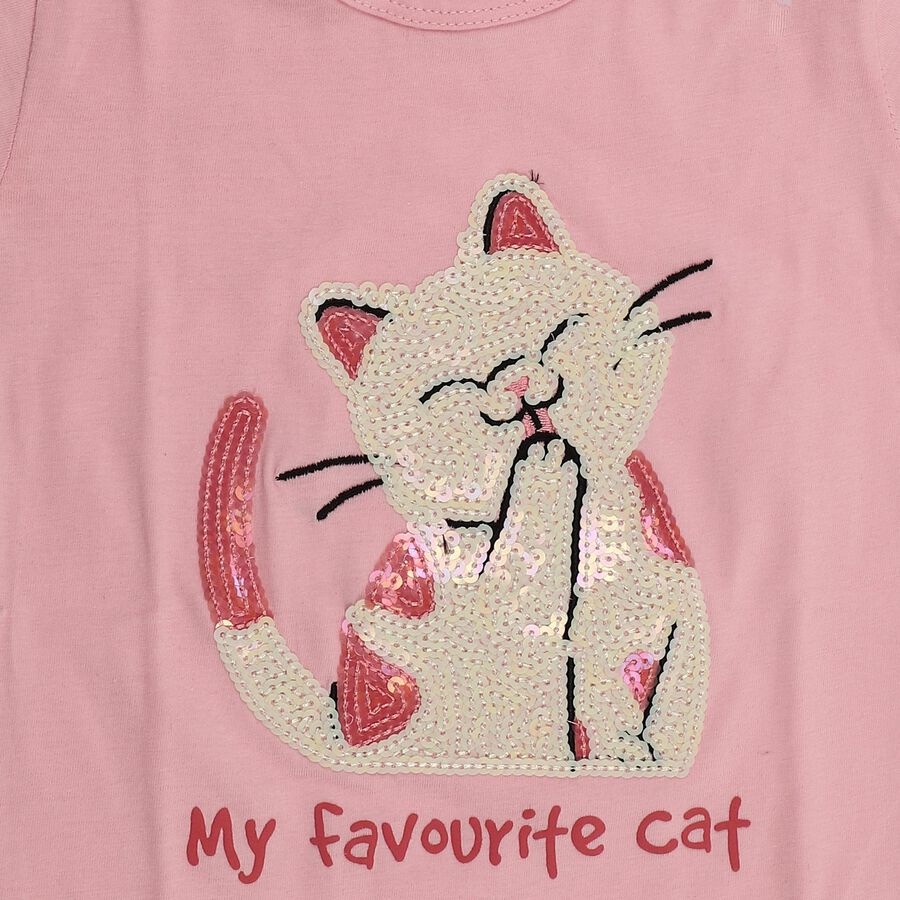 Girls' Pink Cotton Round Neck Ruffle Sleeve Sequined T-Shirt, Light Pink, large