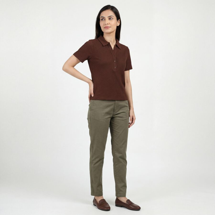 Women's Brown Polo Neck Preppy Polo T-Shirt, Brown, large