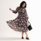 Women's Black Floral Mandarin Collar Midi Dress, Black, small