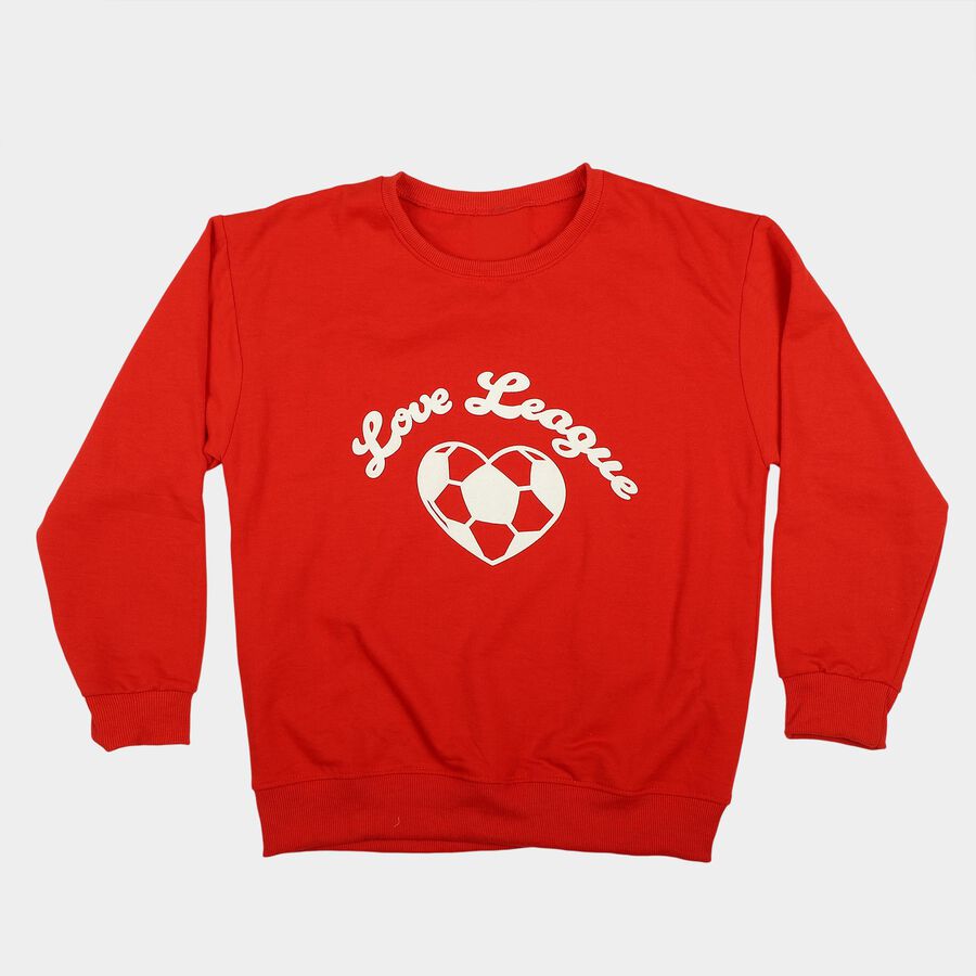 Girls' Red Crew Neck Graphic Print Sweatshirt, लाल, large