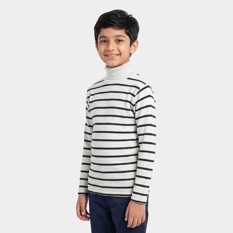Boys White High Neck Striped Pullover, White, large
