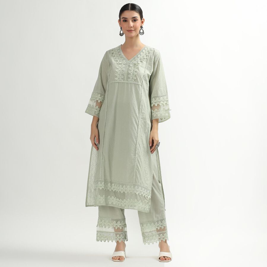 Women's Light Sage Green Cotton Embroidered Ethnic Set, Light Green, large image number null