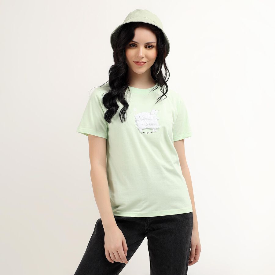 Women's Light Sage Green Cotton Round Neck Casual T-Shirt, Light Green, large image number null