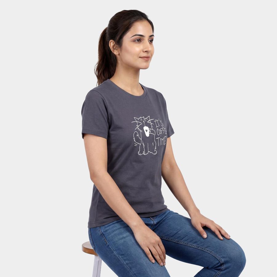 Ladies' Round Neck T-Shirt, गहरा ग्रे, large