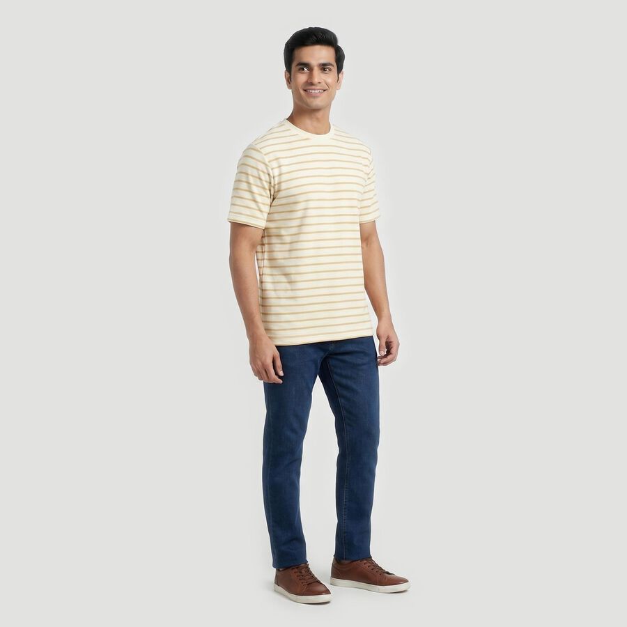 Men's Beige Round Neck Casual T-Shirt, गहरा पीला, large