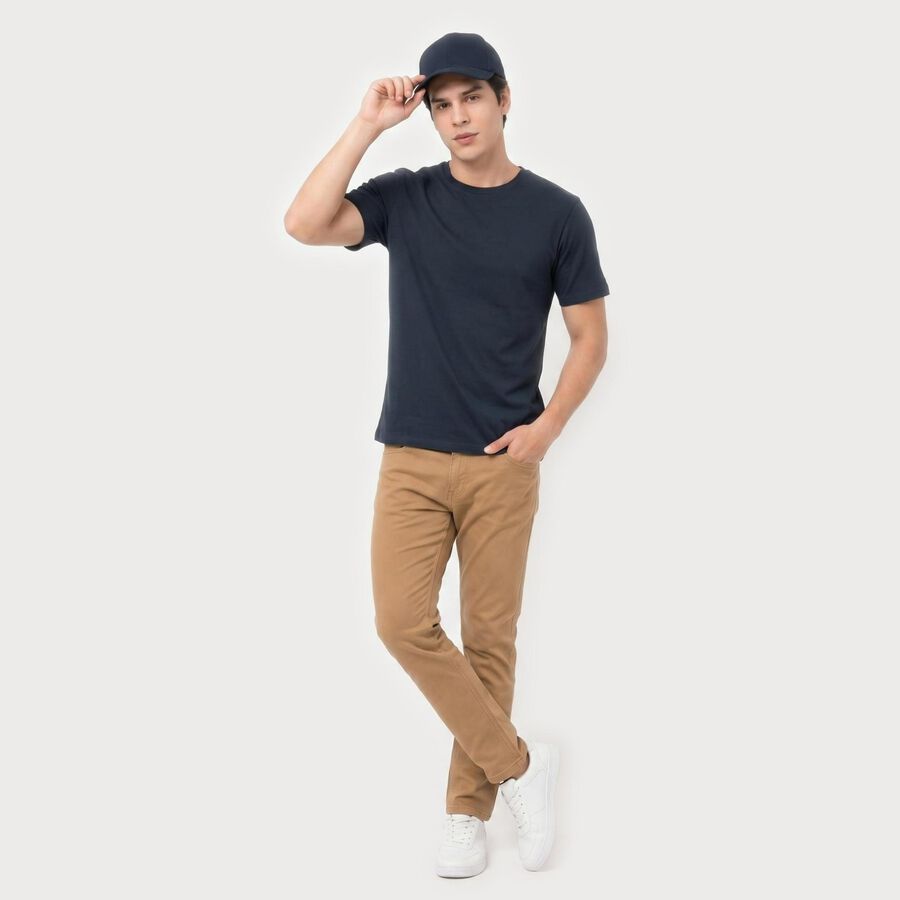 Men's Navy Blue Cotton Round Neck Regular T-Shirt, टील ब्लू, large