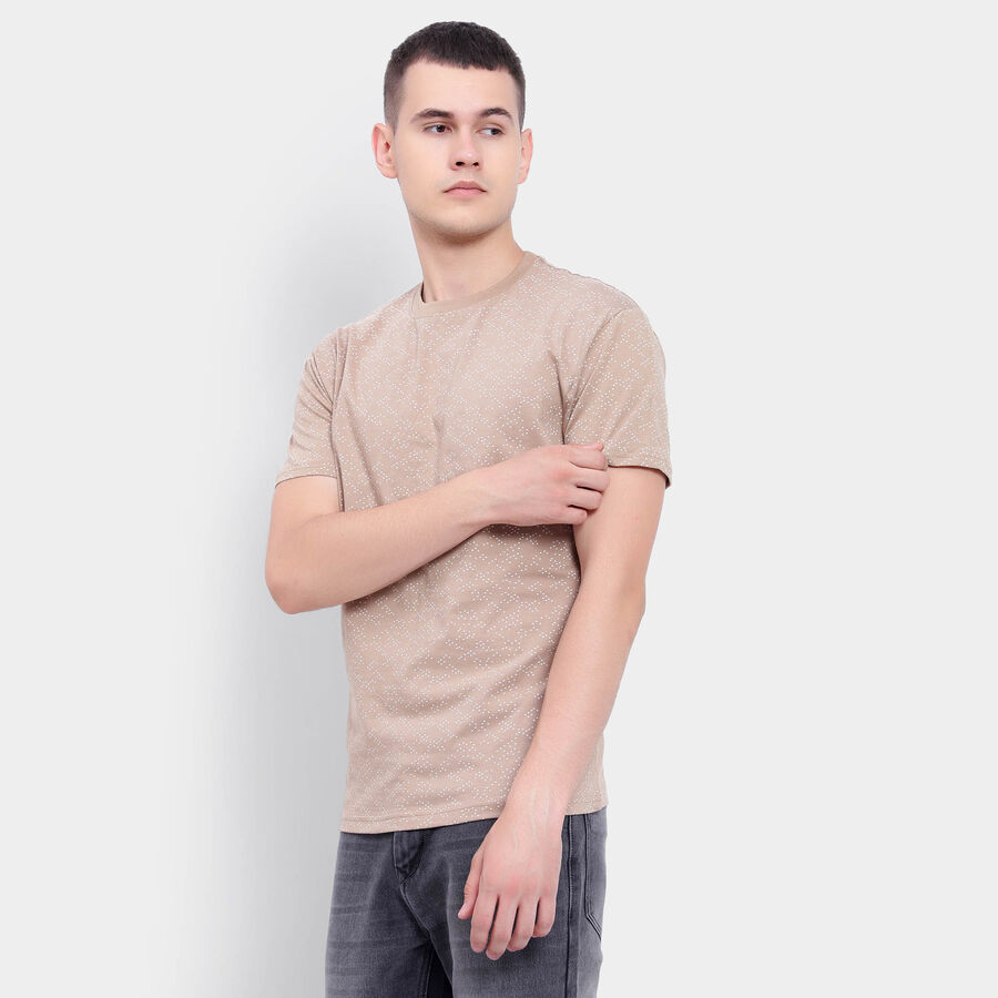 Cotton Round Neck T-Shirt, Beige, large image number null