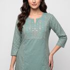 Women's Aqua Green Cotton Notch Neck Embroidered Kurta, Aqua, small