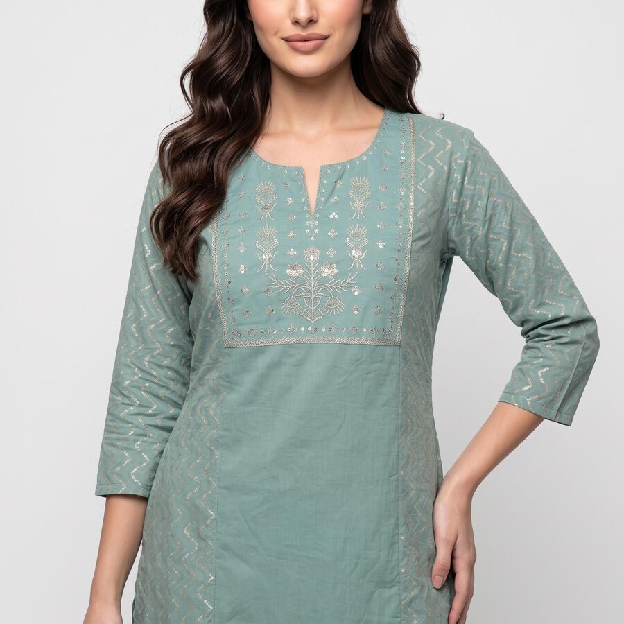 Women's Aqua Green Cotton Notch Neck Embroidered Kurta, Aqua, large