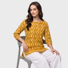 Women's Mustard Round Neck Ikat Printed Straight Kurti, मस्टर्ड, small