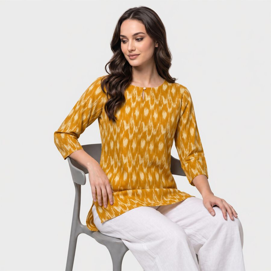 Women's Mustard Round Neck Ikat Printed Straight Kurti, मस्टर्ड, large
