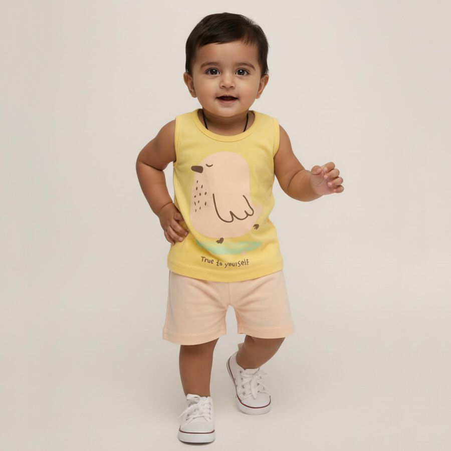 Infants Bright Yellow Cotton Round Neck Casual Sleeveless Top and Peach Shorts Set, Yellow, large image number null