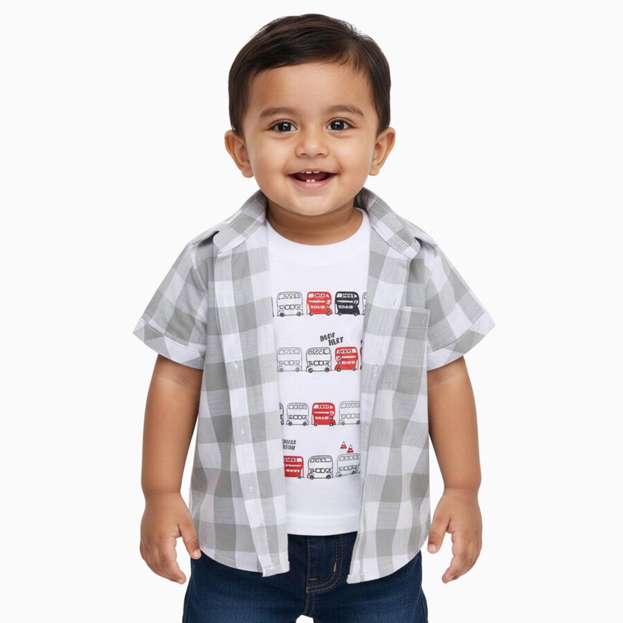 Infants Light Grey Cotton Half Sleeve Classic Casual Shirt, Light Grey, large image number null