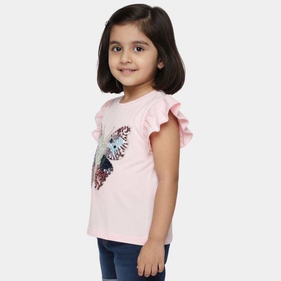 Girls Pink Cotton Round Neck Romantic T-Shirt, हल्का गुलाबी, large