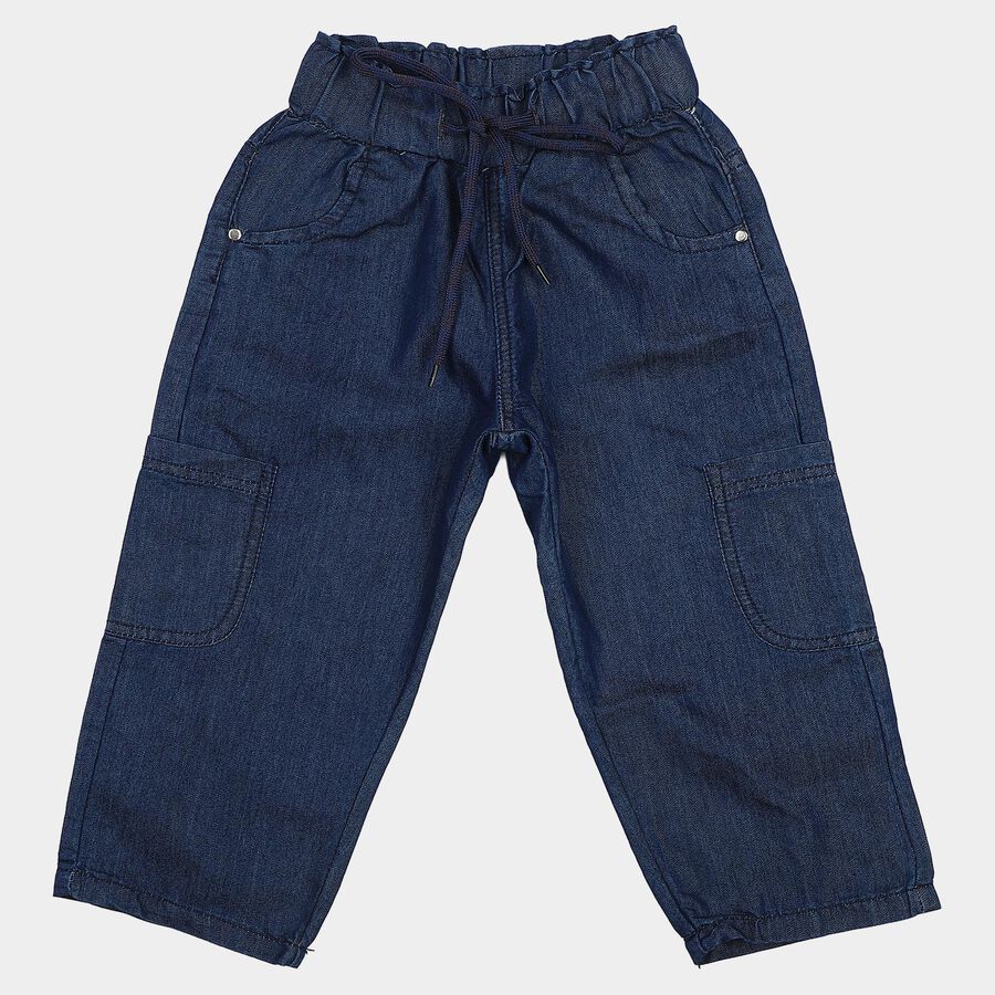 Girls' Navy Blue Cargo Fit Drawstring Waist Jeans, Mid Blue, large