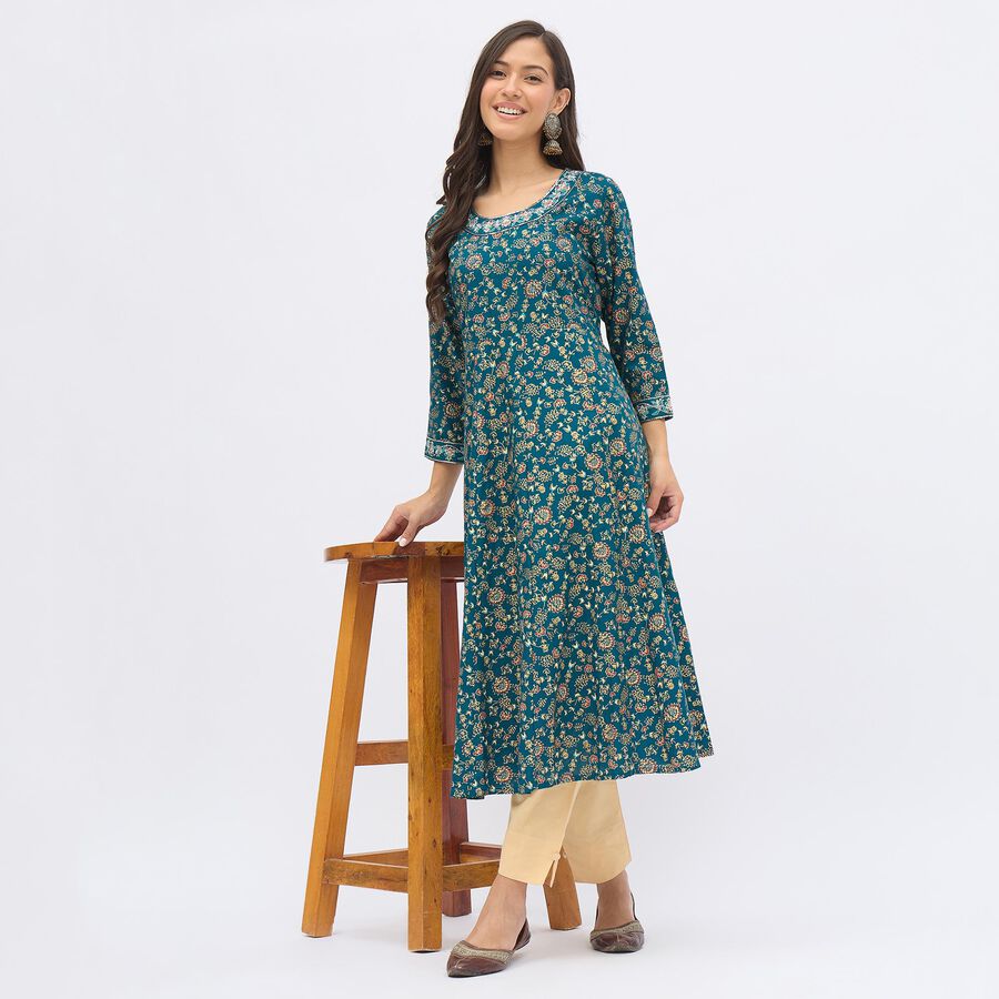 Women's Deep Peacock Blue Round Neck Embroidered Kurta, Teal Blue, large image number null