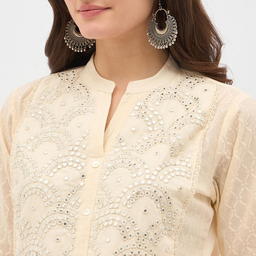 Women's White Cotton Embroidered Ethnic Set, Off White, large image number null