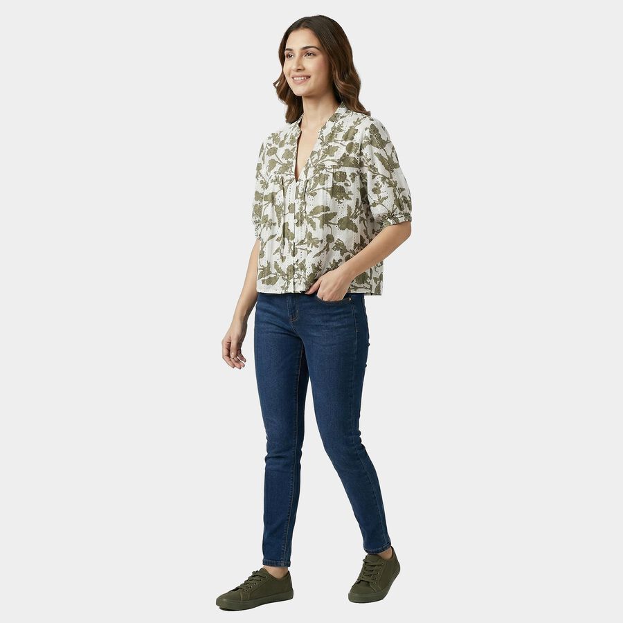 Women's Green Cotton Mandarin Collar Casual Shirt, Light Green, large