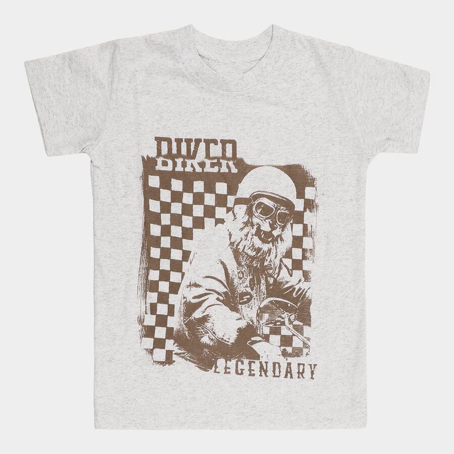 Boys Light Grey Cotton Blend Round Neck Casual T-Shirt, Ecru Melange, large image number null