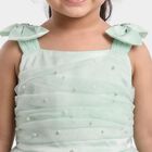 Girls' Mint Green Fit and Flare Pearl Embellished Tulle Frock, Light Green, small