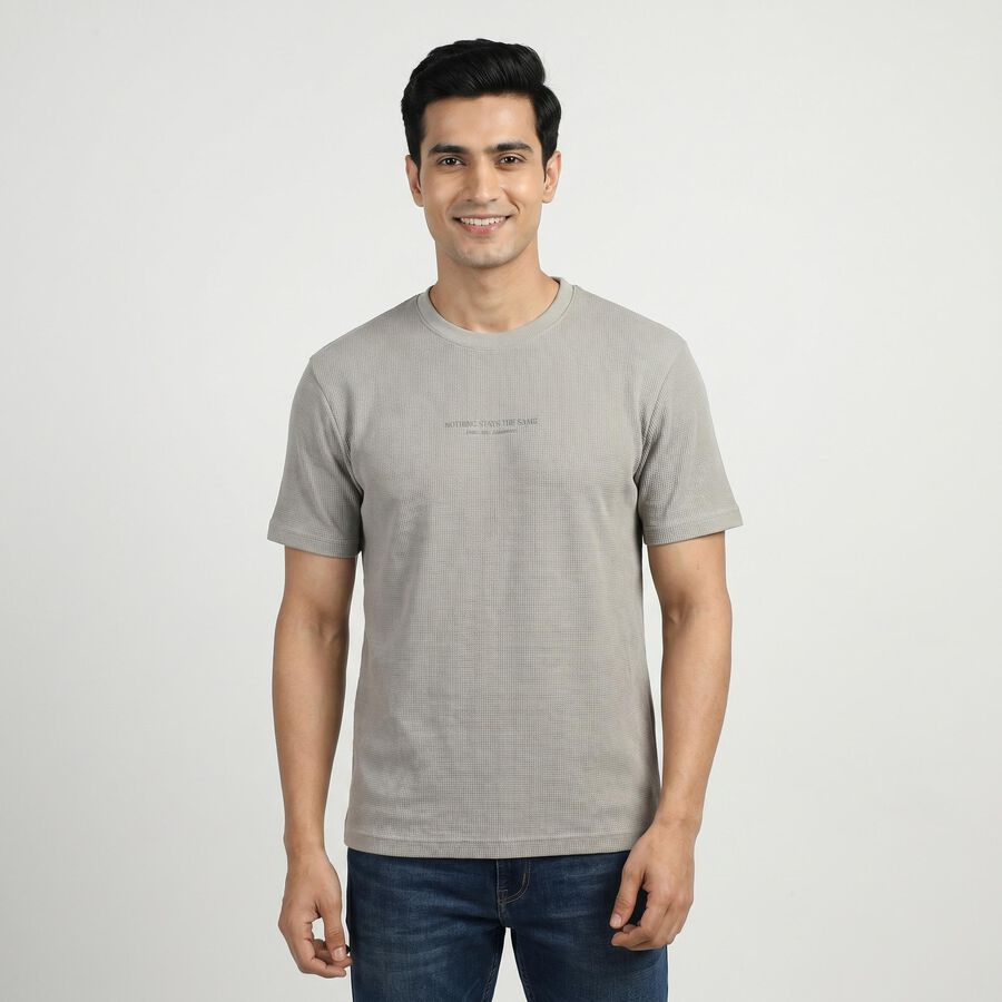 Men's Grey Round Neck Minimalist T-Shirt, हल्का ग्रे, large