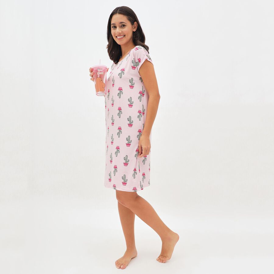 Women's Light Pink Round Neck Casual Nighty, Light Pink, large image number null