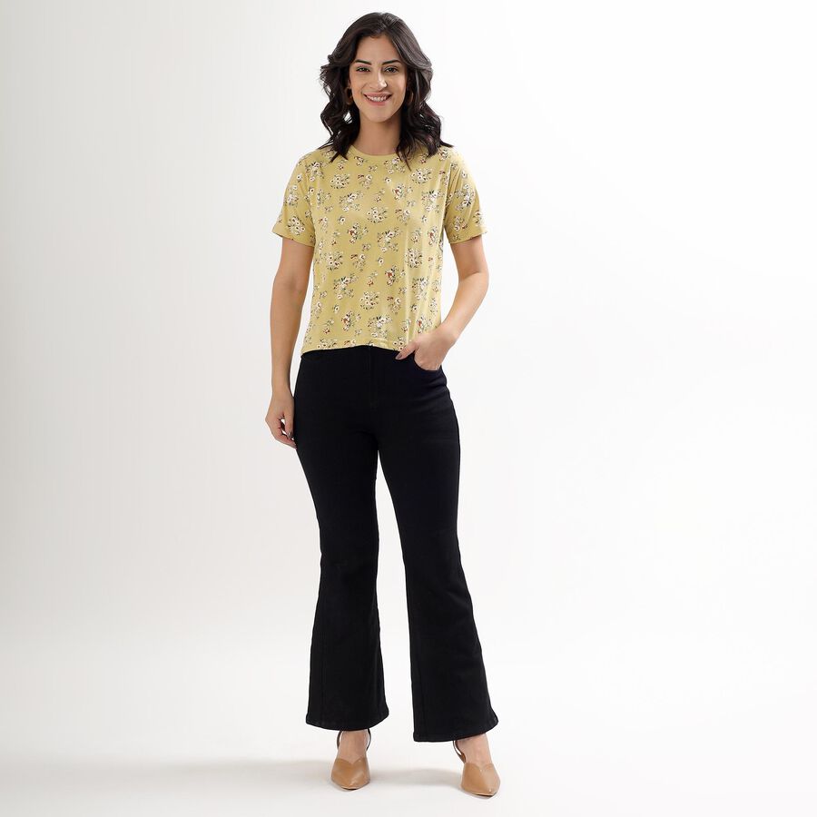 Women's Muted Mustard Yellow Round Neck Floral T-Shirt, Khaki, large image number null