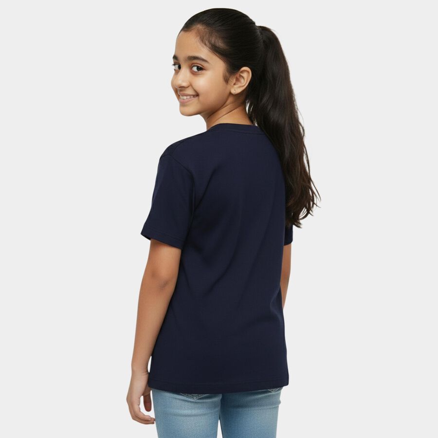 Girls' Navy Blue Cotton Round Neck Casual T-Shirt, नेवी ब्लू, large