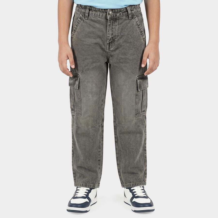 Boys Grey Straight Fit Cargo Jeans, हल्का ग्रे, large