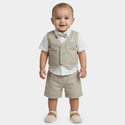 Infants' Beige Cotton Collared Formal Baba Suit