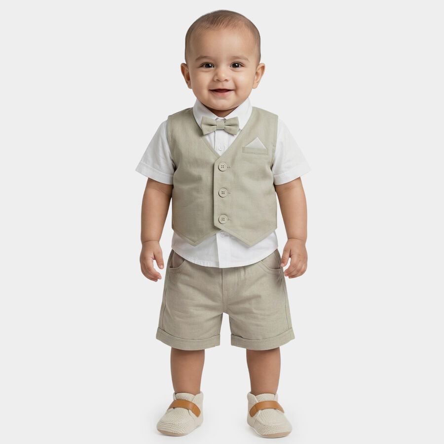 Infants' Beige Cotton Collared Formal Baba Suit, Beige, large