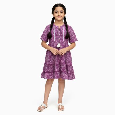 Girls' Purple Round Neck Paisley Print Tiered Dress