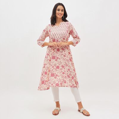 Women's Soft Pink Notch Neck Floral Printed Kurta
