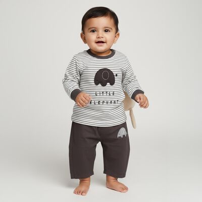 Infants White and Charcoal Grey Cotton Elephant Printed Baba Suit
