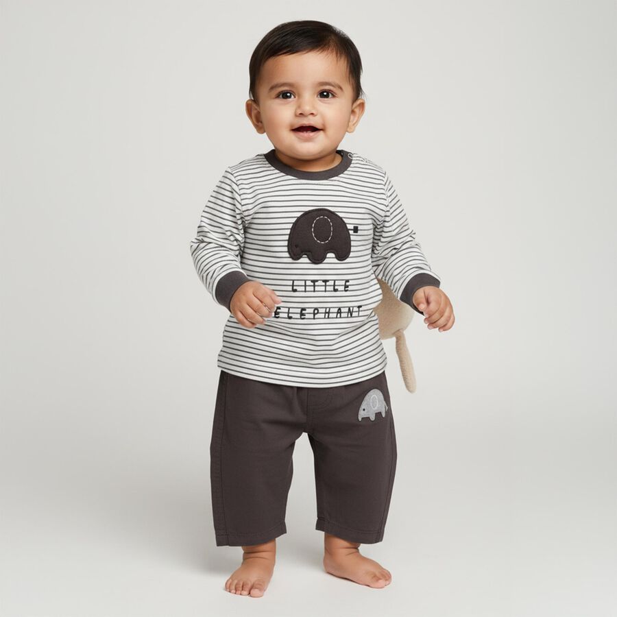 Infants White and Charcoal Grey Cotton Elephant Printed Baba Suit, Charcoal, large image number null