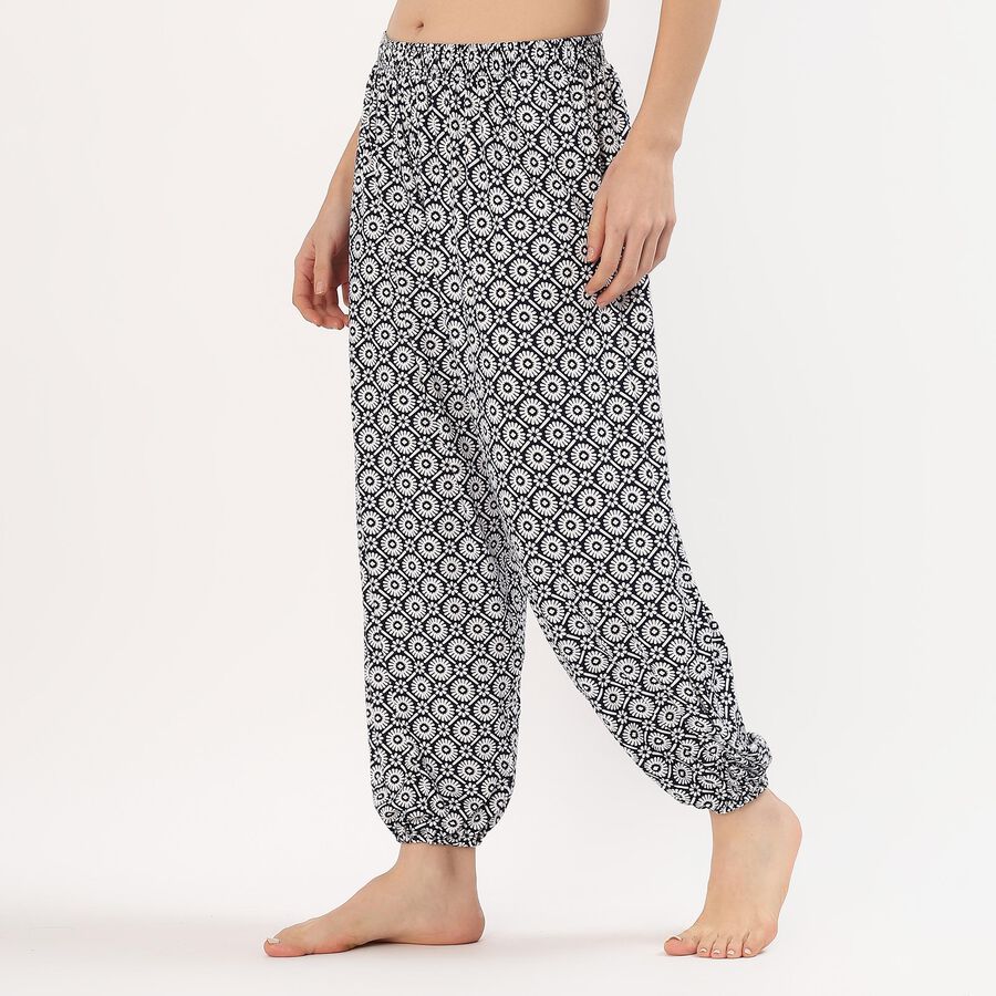 Women's Black and White Relaxed Fit Printed Harem Pants, Navy Blue, large