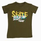 Boys Muted Olive Green Round Neck Casual T-Shirt, Olive, small