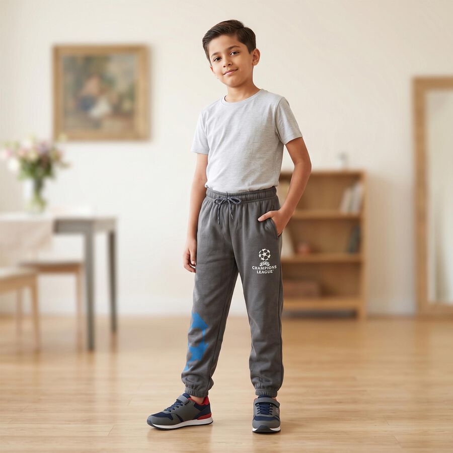 Boys Grey Jogger Fit Graphic Printed Winter Pyjama, गहरा ग्रे, large