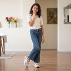 Girls Blue Bootcut Fit Studded Jeans, Melange Blue, small