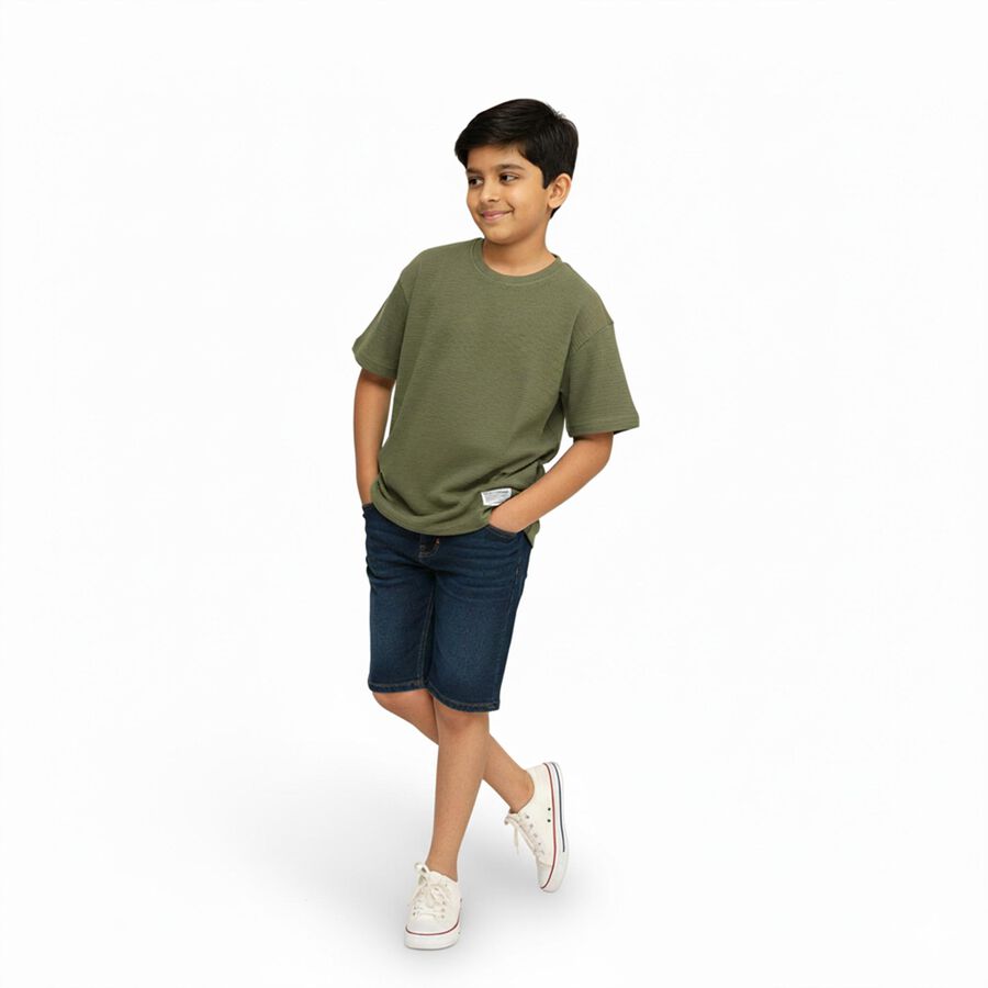 Boys Olive Green Cotton Crew Neck Casual T-Shirt, ओलिव, large image number null