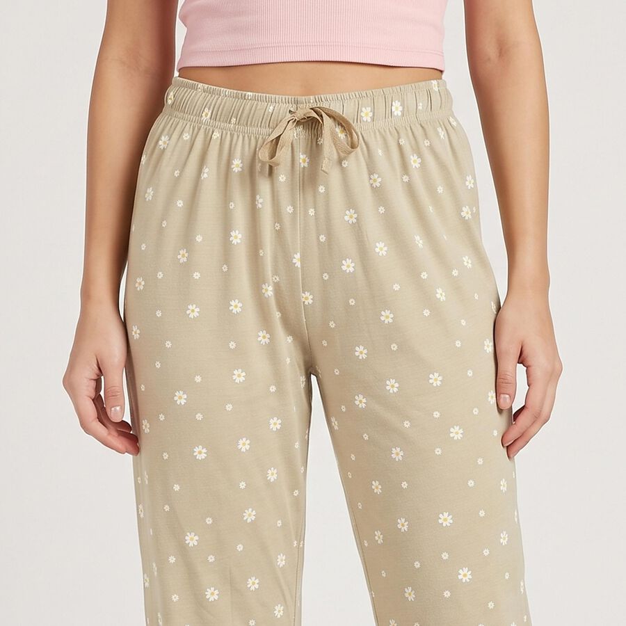Women's Beige Relaxed Fit Floral Printed Lounge Pyjama, गहरा पीला, large