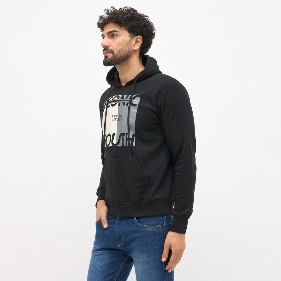 Men's Jet Black Hooded Neck Casual Sweatshirt, काला, large image number null