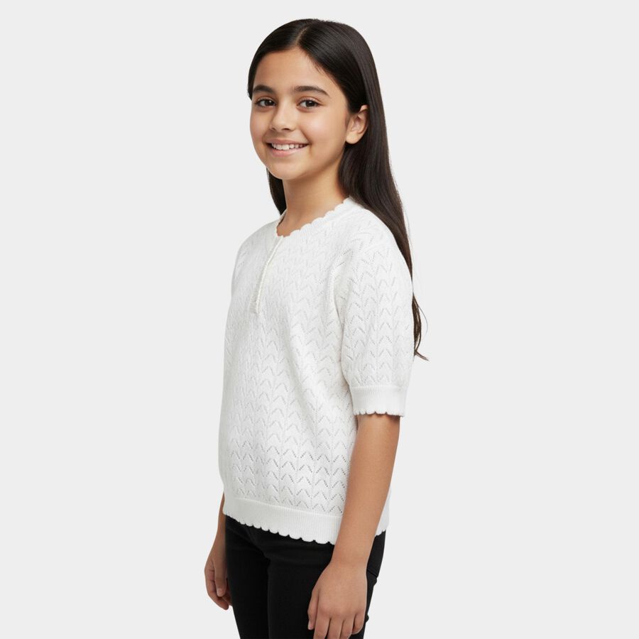 Girls' White Round Neck Casual T-Shirt, White, large