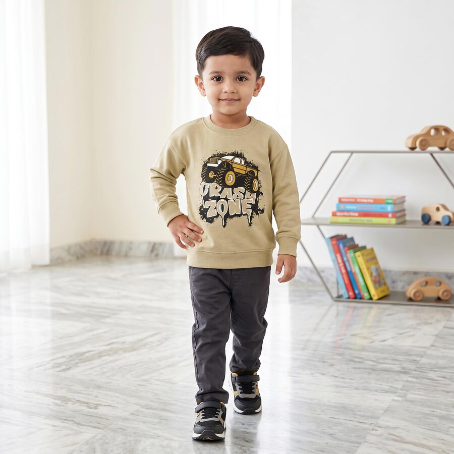 Boys' Beige Crew Neck Graphic Print Sweatshirt, गहरा पीला, large
