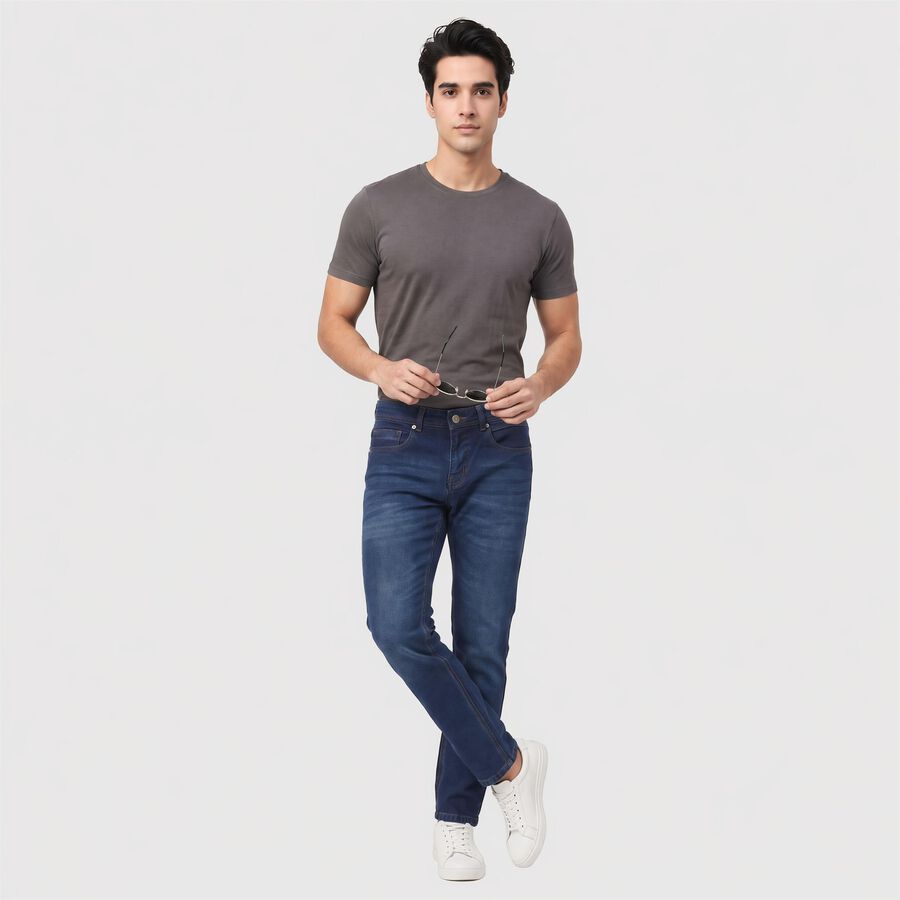 Men's Navy Blue Slim Fit Washed Jeans, Dark Blue, large