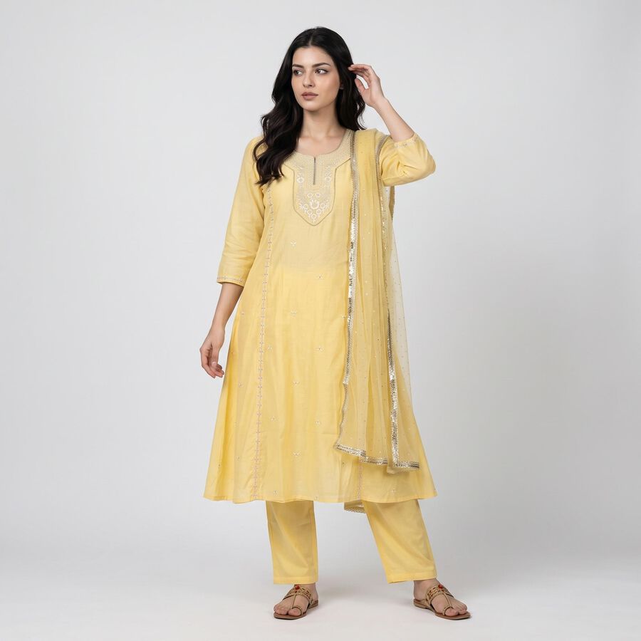 Women's Yellow Round Neck Embroidered Ethnic Set, Yellow, large