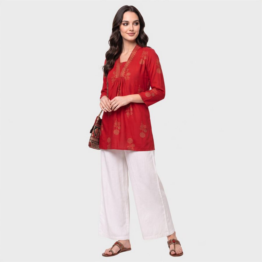 Women's Maroon V-Neck Printed Kurti, मरून, large