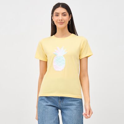 Ladies Light Yellow Cotton Round Neck Embellished T-Shirt