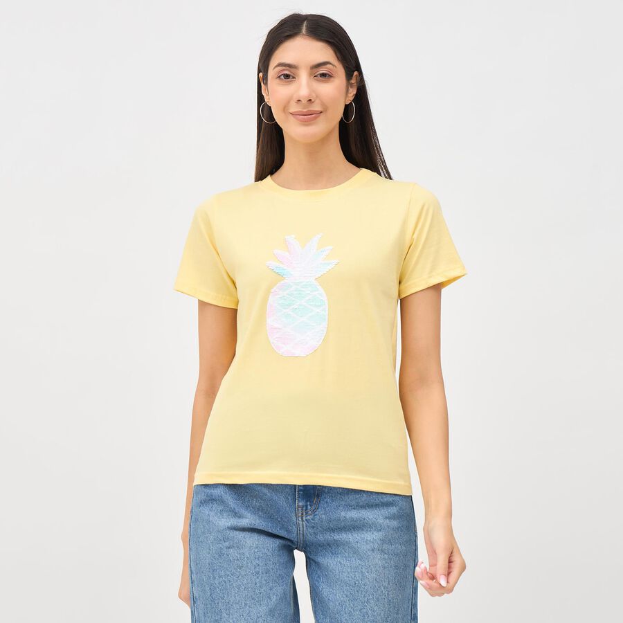 Ladies Light Yellow Cotton Round Neck Embellished T-Shirt, Yellow, large image number null