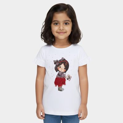 Girls White Cotton Round Neck Casual T-Shirt